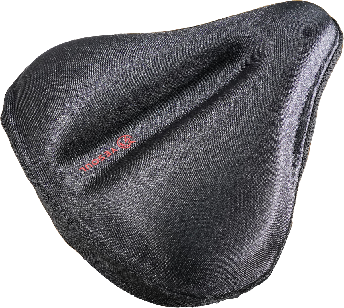 Close-up view of the black YESOUL bike seat cover wide edition showing the red YESOUL logo on the padded saddle surface.