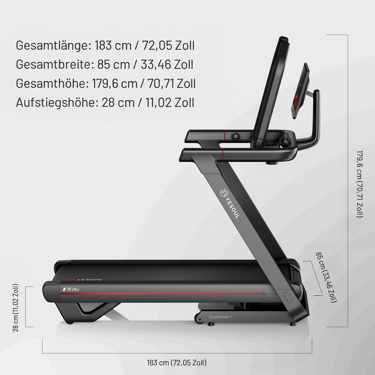 YESOUL T5 ULTRA V1: Länge × Breite × Höhe: 183 × 85 × 179,6 cm (72,05 × 33,46 × 70,71 Zoll)