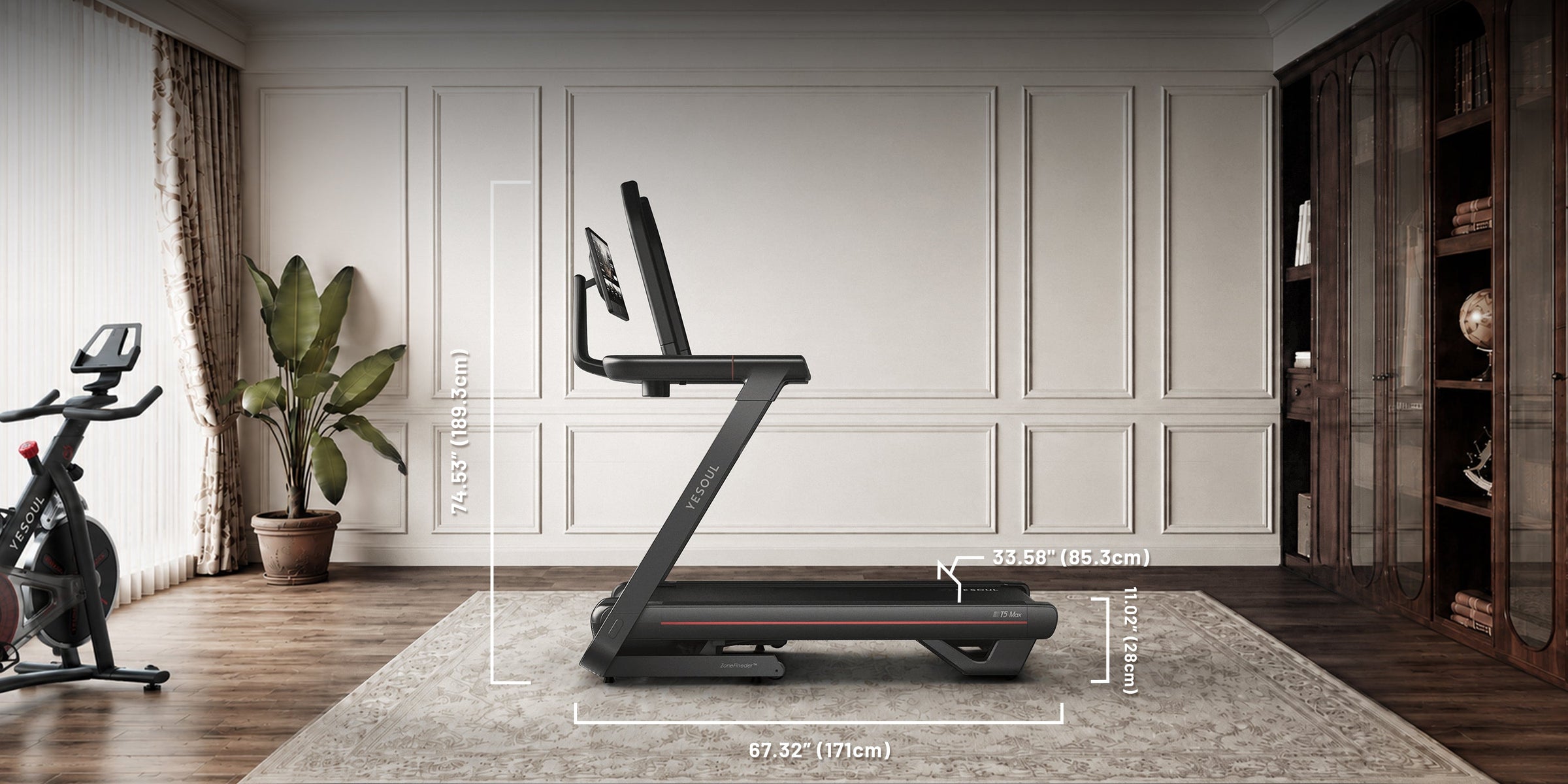 Yesoul T5 Laufband in flacher Position in einer Garage